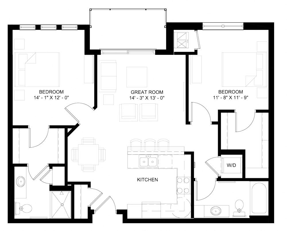 Floor plan for 2 beds, 2 baths, 1055 sqft